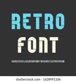 Retro color font, bold stylized alphabet with shadow, letters and numbers, vector illustration