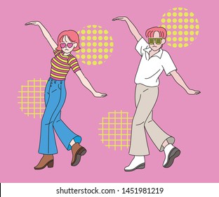 Retro color and funny dancing couple. hand drawn style vector design illustrations. 