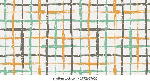 Retro color grunge line vector seamless grid border with flecked snowflake texture. Hand drawn brush stroke style linear plaid banner. Abstract irregular geometric mesh design with weave effect