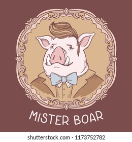 Retro color illustration of gentle man pig with canines in frock coat. Vector portrait in vintage round frame. Hand drawn line art style design of symbol of the new year 2019 for web, greeting card