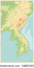 Retro color Korean Peninsula Physical Map. No text. Vector illustration.