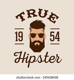 retro color label badge or logo True Hipster with head beard glasses ( T-Shirt Print )