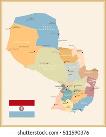 Retro color Map of Paraguay with flag. Vector illustartion.