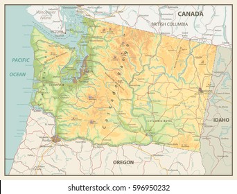 Retro color map of Washington state with a main relief, rivers, lakes and highways.