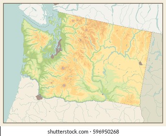 Retro color map of Washington state with a main relief, rivers, lakes. No text.