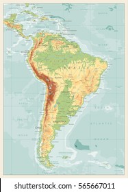 Retro Color Physical Map of South America with global relief, lakes and rivers. Highly detailed vector map.