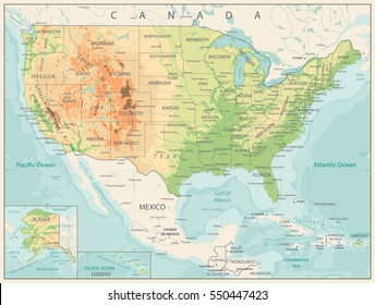 Retro Color Physical map of USA with water objects, cities and capitals.