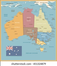 Retro Color Political map of Australia. All elements are separated in editable layers clearly labeled.