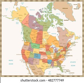 Retro color political map of USA and Canada