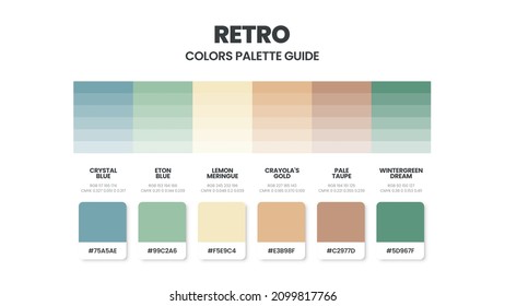 Retro color schemes. Color Trends combinations and palette guide. Example of table color shades in RGB and HEX. Color swatch for fashion, home, interiors design 2022. Colour chart idea vector.