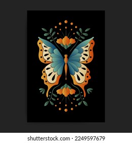 Retro color stylized butterfly with plant and flower decoration