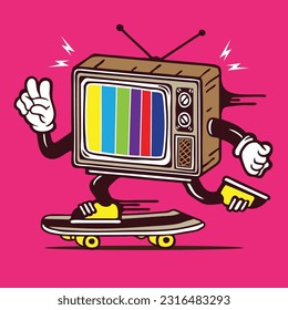 Retro Color Television Skater Mascot Vector Character Design 