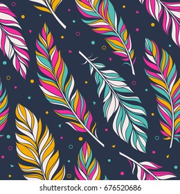 Retro color vector seamless pattern with feathers bird. hand-drawn doodle illustration. Graphic boho style background. Wallpaper, cloth design, fabric, tissue, cover, textile template.