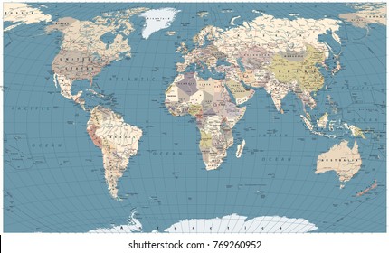 Retro Color World Map - borders, countries, roads and cities. Detailed World Map vector illustration.