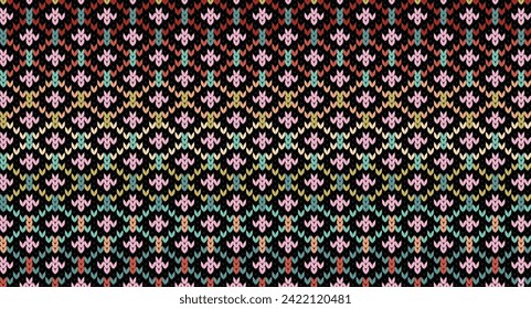 Zigzag de color retro sobre el patrón de punto negro, Diseño de suéter festivo. Patrón de punto sin soldadura