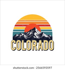 Retro Colorado State Graphic Design with Mountains and Sunset. Adventure vintage retro style t-shirt logo design