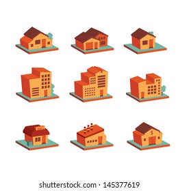 Retro colored 3d buildings icons