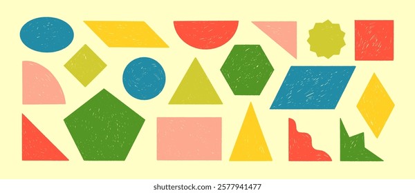 Retro colored basic geometric figures drawn by a crayon or chalk. Funky graphic triangle, square, oval, circle, corners. Hand drawn vector geometric shapes with pencil texture. Y2k stickers or badges.