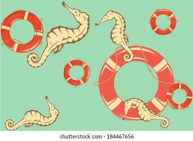 retro colored beach theme seamless background with sea horses and lifebuoys