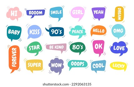 Сute retro colored bubble talk sticker set. 90s-80s style collection. Cartoon vector illustration.