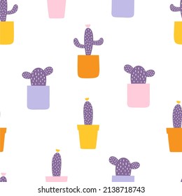 Retro colored cactus plants seamless repeat vector pattern