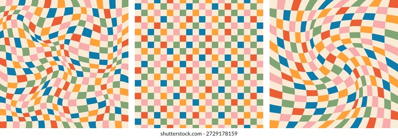 Retro tablero de ajedrez de color y psicodélica colección de patrón sin fisuras. Fondo distorsionado de la rejilla y del tablero de ajedrez de color divertido para la cubierta, el cuaderno, el empaquetado