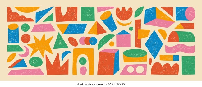 Retro colored crayon drawn isometric geometric shapes. Playful funky childish figures with pencil texture. 3d isometric geometric shapes. Set of basic figures: cube, pyramid, cylinder, star.