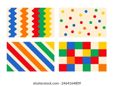 Retro colored geometric abstract background set. Fun childish banner collection