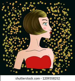 Retro colored girl with gorgeous brown hairs and red dress on golden dotted background.