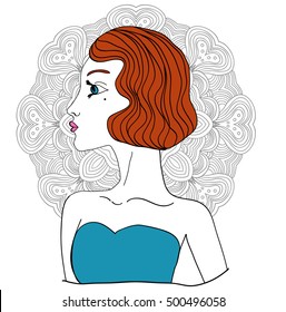 Retro colored girl with gorgeous brown hairs wearing blue dress.