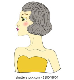 Retro colored girl with gorgeous grey hairs and yellow dress.