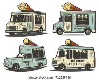 Retro colored ice cream transport set with delivery trucks and vans isolated vector illustration