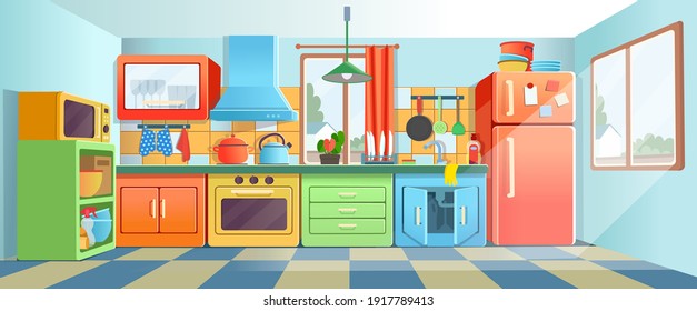 Retro сozy Colored Kitchen Interior With Fridge, Kitchen Stove, Cupboard Dishes. Vector Illustration Flat Cartoon Style.