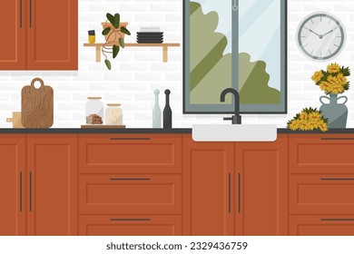 Retro colored kitchen interior with kitchen sink, cupboard dishes. Vector illustration flat style.