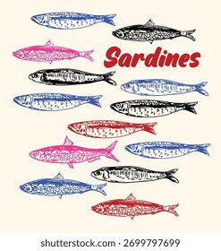 Padrão de sardinhas minimalista colorido retro com linhas limpas e tons vintage. Ideal para estampas de tecido, embalagem, papéis de parede, decoração náutica, marca de frutos do mar e modelos de repetição modernos.