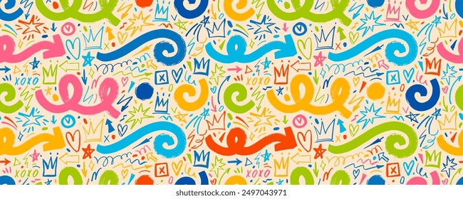 Retro colored punk and girly doodle seamless pattern. Hand drawn spirals, crowns and hearts. Creative y2k doodle shapes, notes and school motif. Childish crayon quirky shapes seamless background.