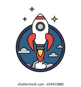 Retro colored rocket icon or circular badge isolated, innovation or startup concept