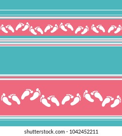 Retro colored seamless horizontal striped pattern with scattered baby feet motif in pink and blue colors