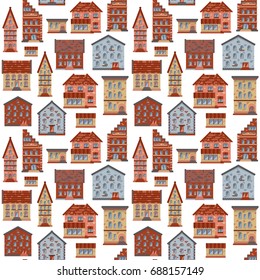 Retro colored seamless pattern with houses, doodle house vector background, cute colorful houses in cartoon style, EPS 8
