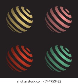 Retro colored striped globe circle logotype collection isolated on black. Set of 3d style round ball icons in vintage retro colors.