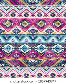 retro colored tribal vector seamless pattern. aztec fancy abstract geometric art print. ethnic background. doodle hand drawn. Wallpaper, cloth design, fabric, tissue, textile template. Aging effect