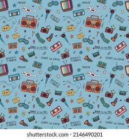 Retro Colorful 90s Pattern. Doodles Seamless Background. 1990s Nostalgia. Trendy Vector Pattern For Vintage Designs.