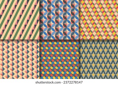 Retro colorful abstract geometric vector seamless patterns set. Colorful funky repeating patterns in 60s style. Perfect for wallpapers, backgrounds, textile, fabric.