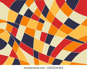 Retro Colorful Abstract Geometric Wave Background. Created With Bold White Line And Beautiful Red, Orange, Blue and Mustard Color For Art Festival, Web Design, Landing page, and Print Material.