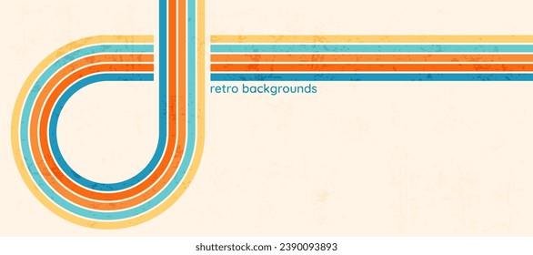 Retro colorful backdrop with bright curved stripes, groovy background with scuffed texture, old style abstract and empty banner. Vector illustration