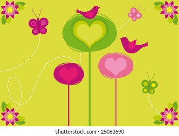 Retro Colorful Background with trees and birds.