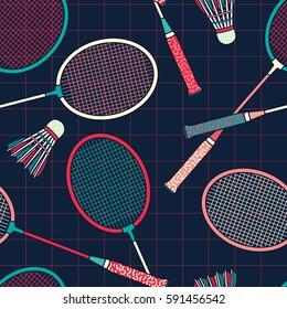 Retro Colorful Badminton Racket and Shuttlecock Seamless Pattern. Background Wallpaper