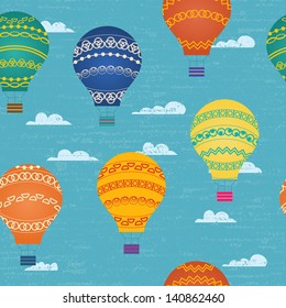 Retro colorful balloon in the cloud sky, seamless background.