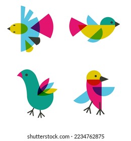 Retro Colorful Birds Vector Isolated Elements Set