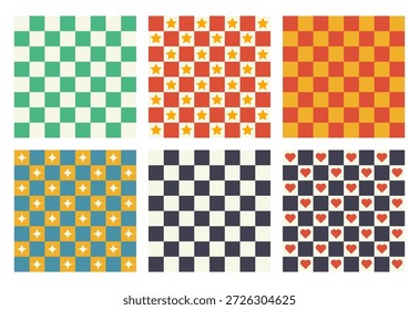 Retro Colorful Checkerboard Seamless Pattern Collection com corações e estrelas. Estilo Groovy para nostalgia. Trendy Geometric Vintage fundos para tecido, papel de parede, embalagem e design gráfico